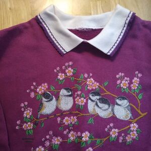 Vintage Morning Sun Chickadee Birds Floral Collared Sweatshirt